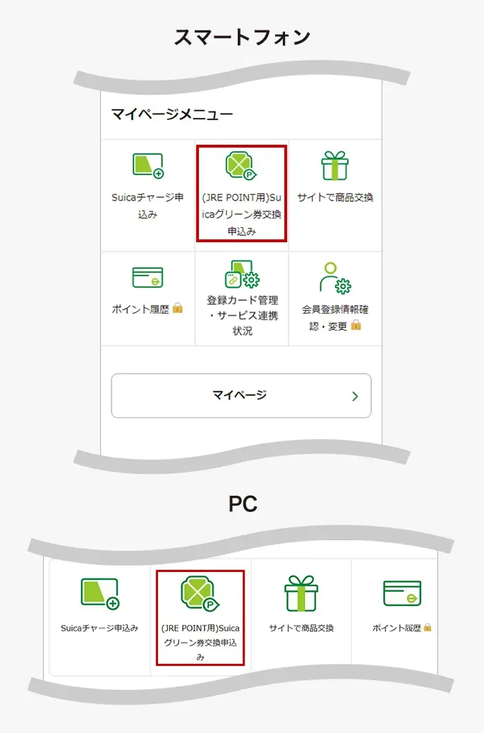 (JRE POINT用)Suicaグリーン券申込みボタン掲載位置説明