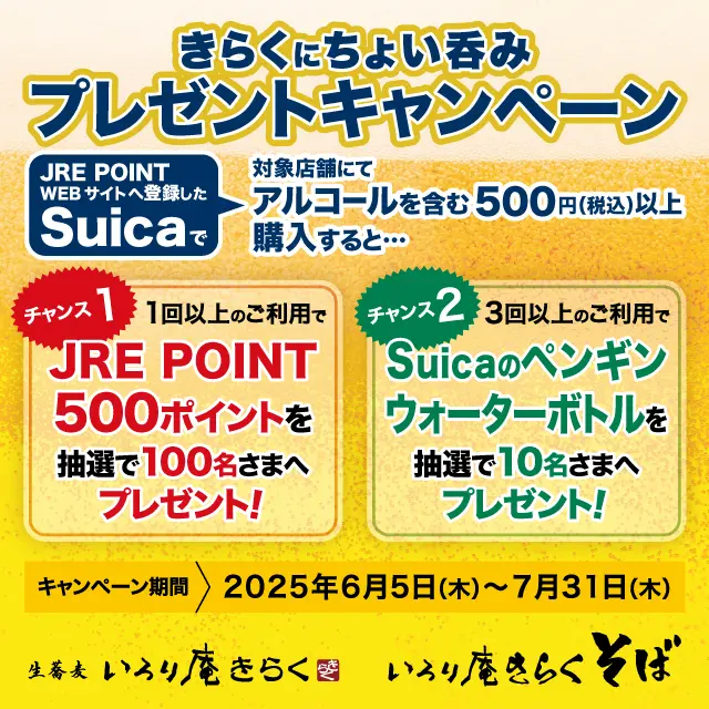 きらくにちょい呑みプレゼントキャンペーン【いろり庵きらく/いろり庵